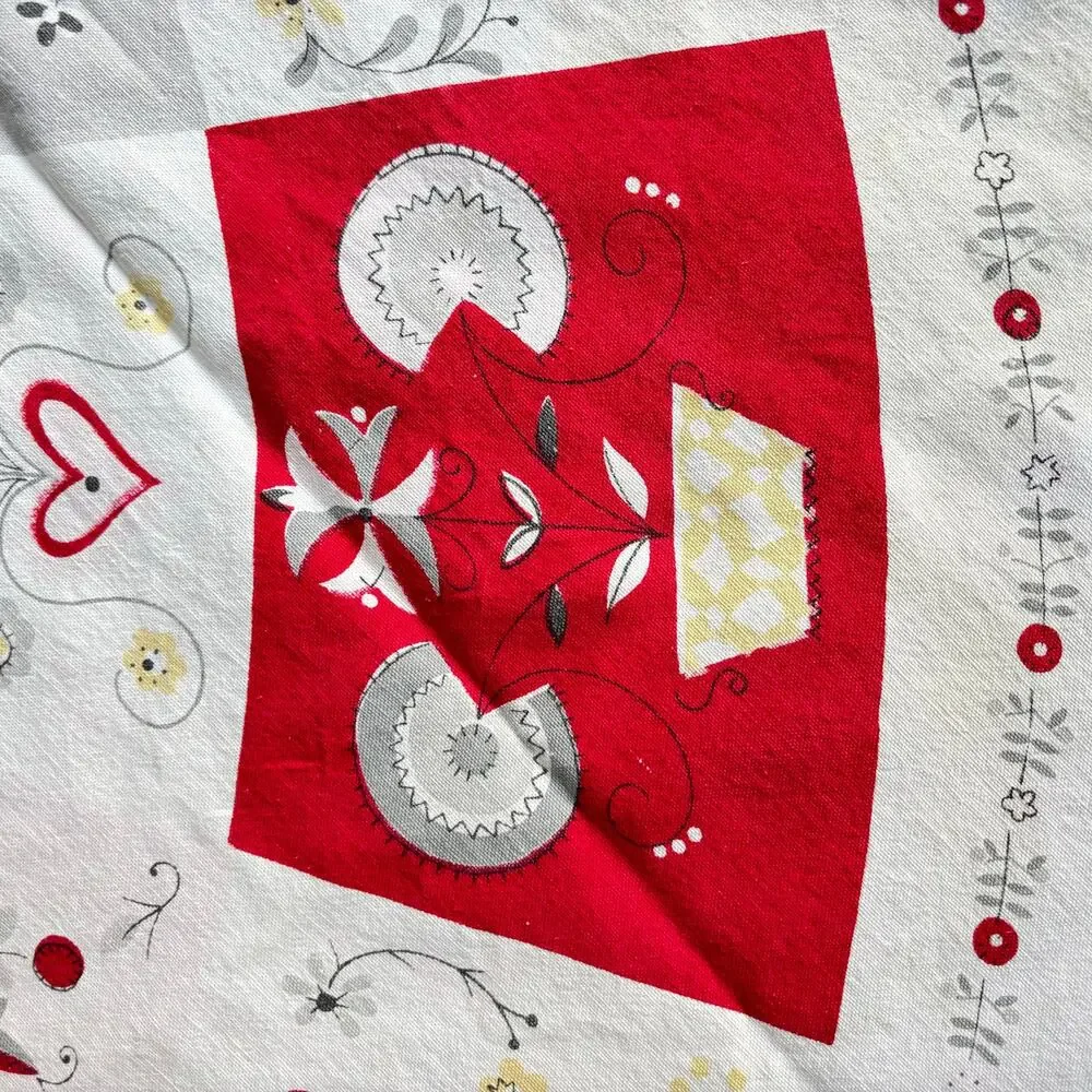 Red & white cotton tablecloth Pennsylvania Dutch motif mid century minor FLAWS